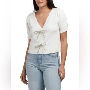 Belldini Womens Size Small Rhinestone Bow Detail Cardigan Sweater in Ivory 2700